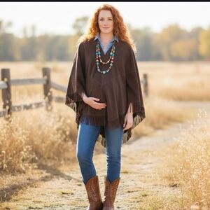Revue Leather Fringed Brown Suede Poncho